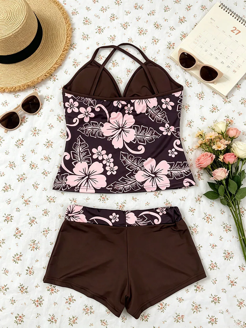 Y2K Ladies Tropical Hibiscus Matching Suit V Neck Cross Back Thin Strap Tank Top Solid Drawstring Shorts Daily Beach Two Piece view 2