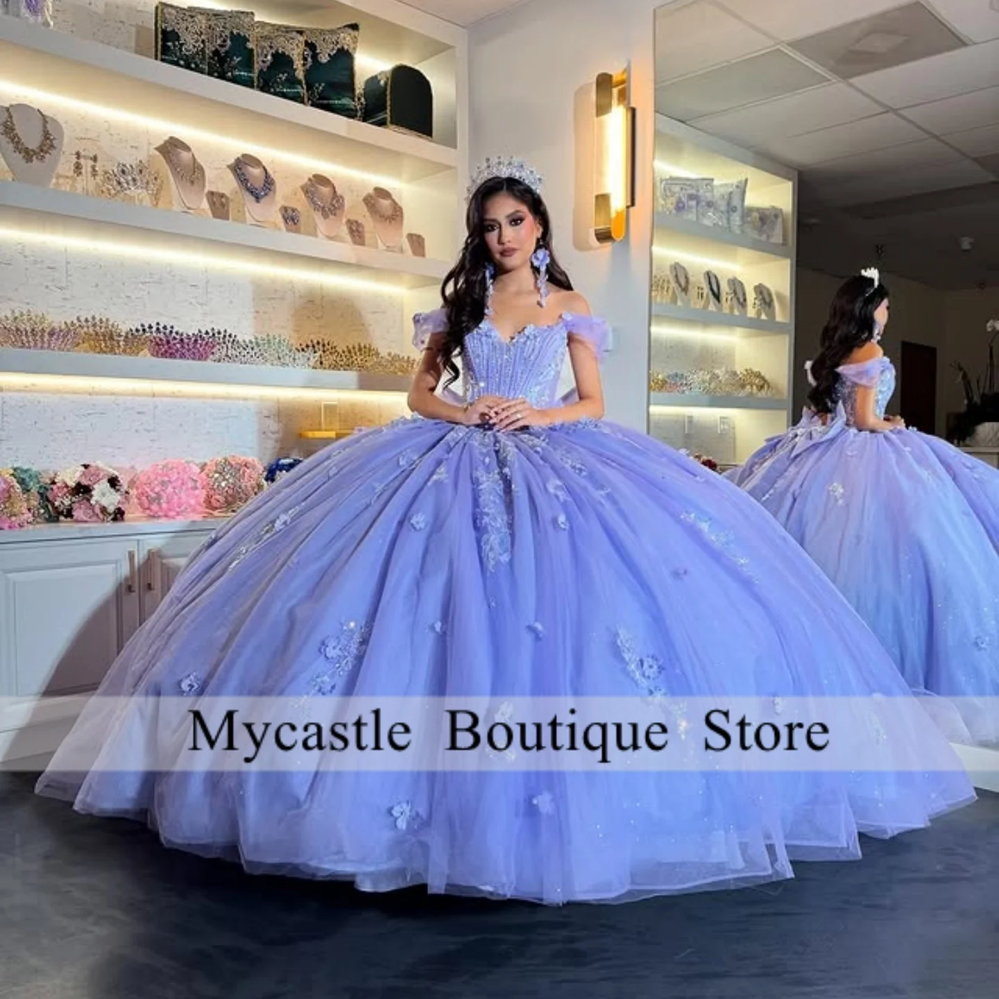 

Сиреневое кружевное бальное платье с аппликацией, платья Quinceanera, 2025 год, бант, цветы, бусы, с открытыми плечами, милое платье 16, платье на день рождения по индивидуальному заказу