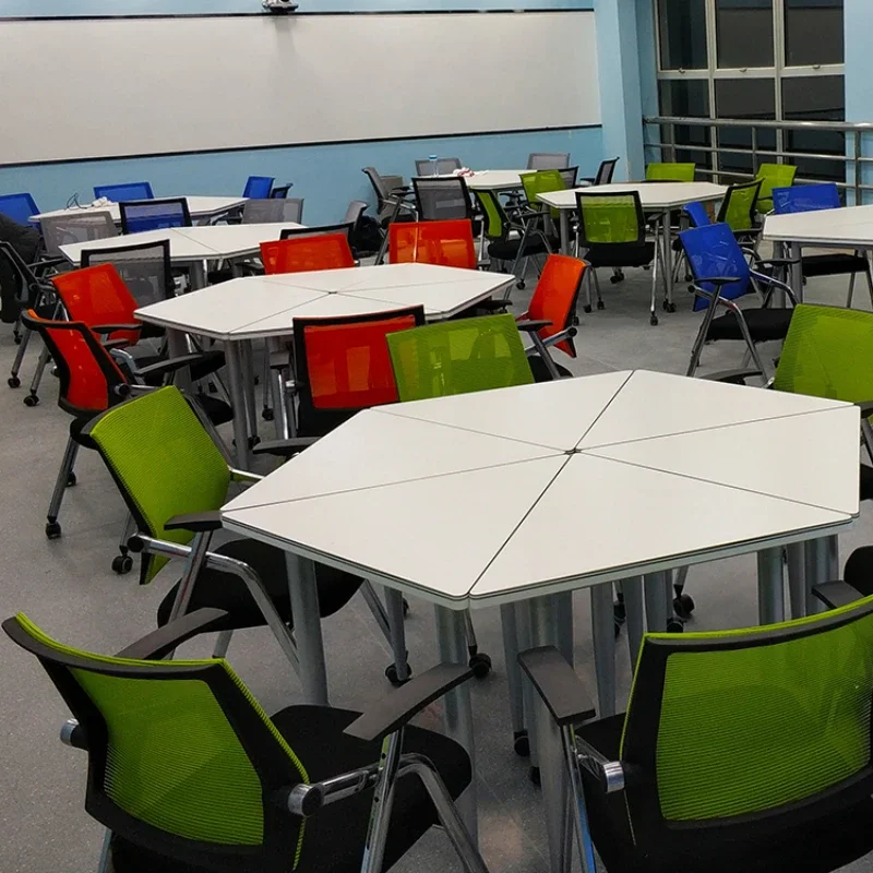 Trapezoidal combination conference table, hexagonal steel wood triangular combination table, school classroom desk, chair