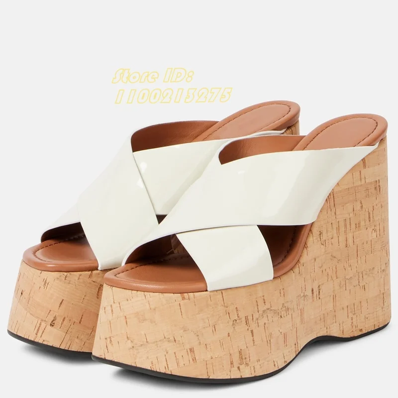 Gold Cross Strap Open Toe Slippers Platform Wedges Slip On Shallow Runway 2026 Summer Women Hot Sale Dress Shoes Red White