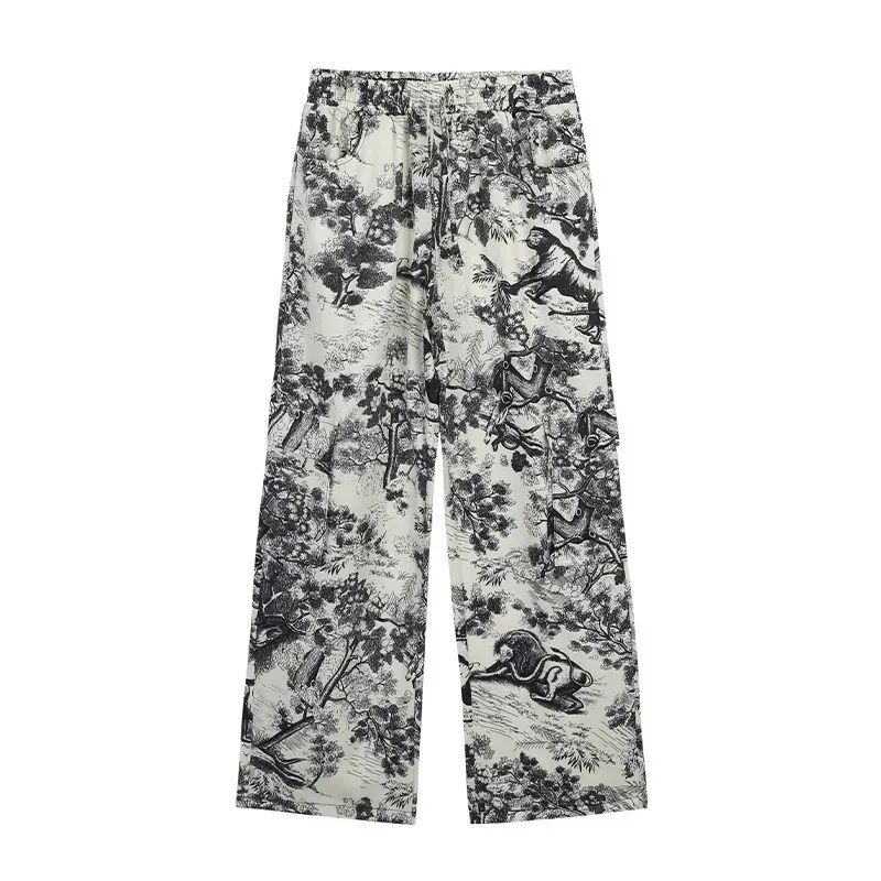 Hara j u-style personalized printed loose straight-leg pants wide-leg pants style street style loose print loose dark style