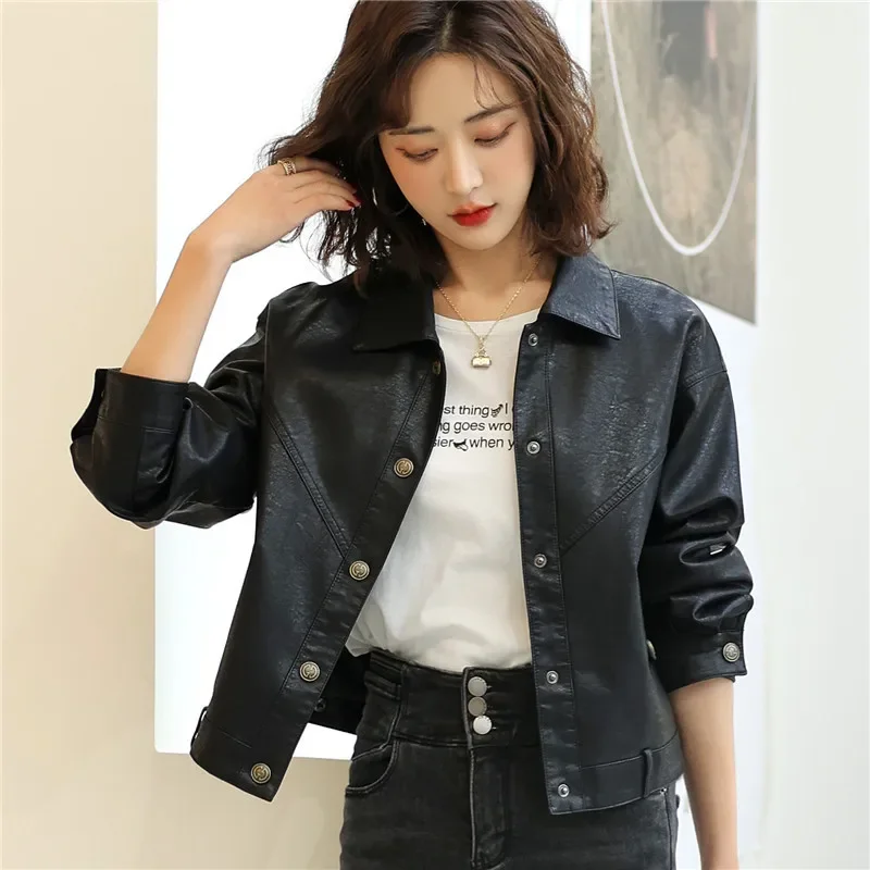 Women's Leather Jacket Casual Short Leather Jackets for Women 2023 Autumn Fashion Single-breasted Coats Chaquetas Para Mujer