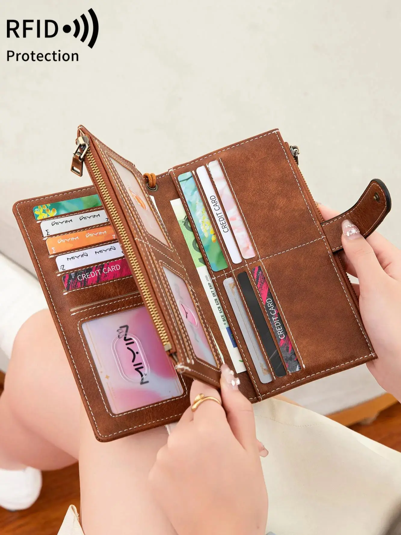 Fashion Vintage Women Wallet RFIDShieldingDouble Zipper Long Wallet Trifold Credit CardHolder Women Clutch Wristlet Wallet