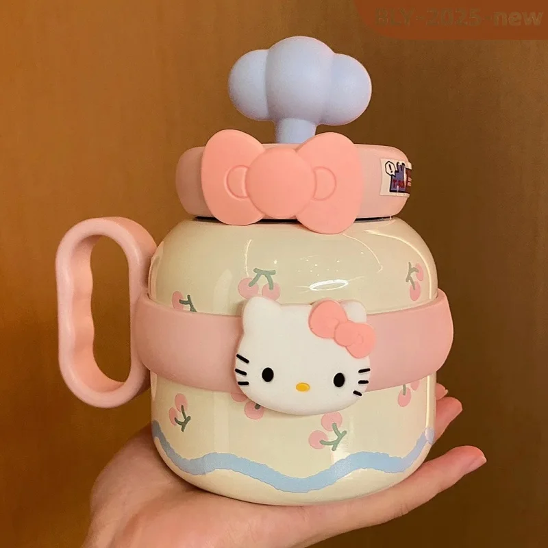 Miniso Hello Kitty Thermos Cup Cute 700ml Large Capacity Portable Handle Straw Cup Fashion Mug Cartoon Child Stainless Cup Gift