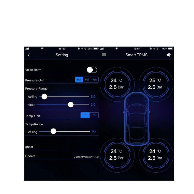 BLE APP TPMS for Car Intelligent BT Tire Pressure Monitor System with 4 External Internal Sensors for Android/IOS Device