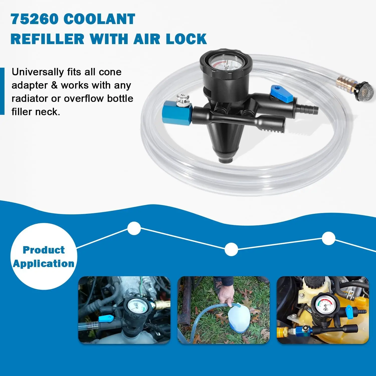 MX 75260 Coolant Refiller Kit with Air Lock Preventer, Universal Fit for Car Cone Adapter, Vacuum Refills Cooling System