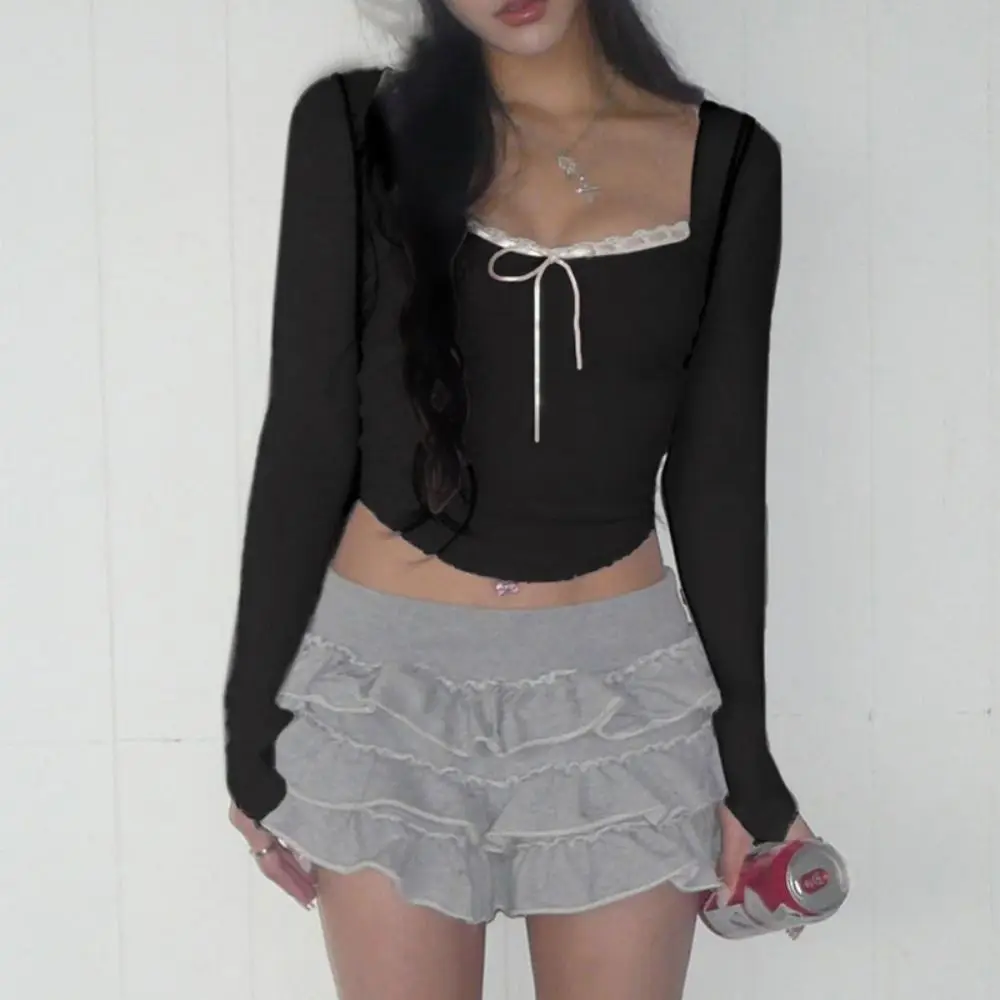 Casual Y2K Crop Tops Long Sleeve Bow Decor Slim T-Shirts Ribbed Solid Color Knitted Tops Fall