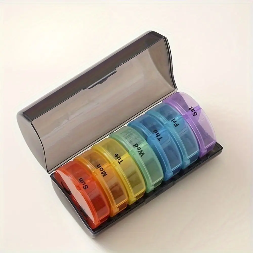 Drug Container 7-Day Splitter Pill Organizer 14-Grid AM/PM Compartments Rainbow Pill Box Dust-proof 2 Times a Day Daily Pill Box