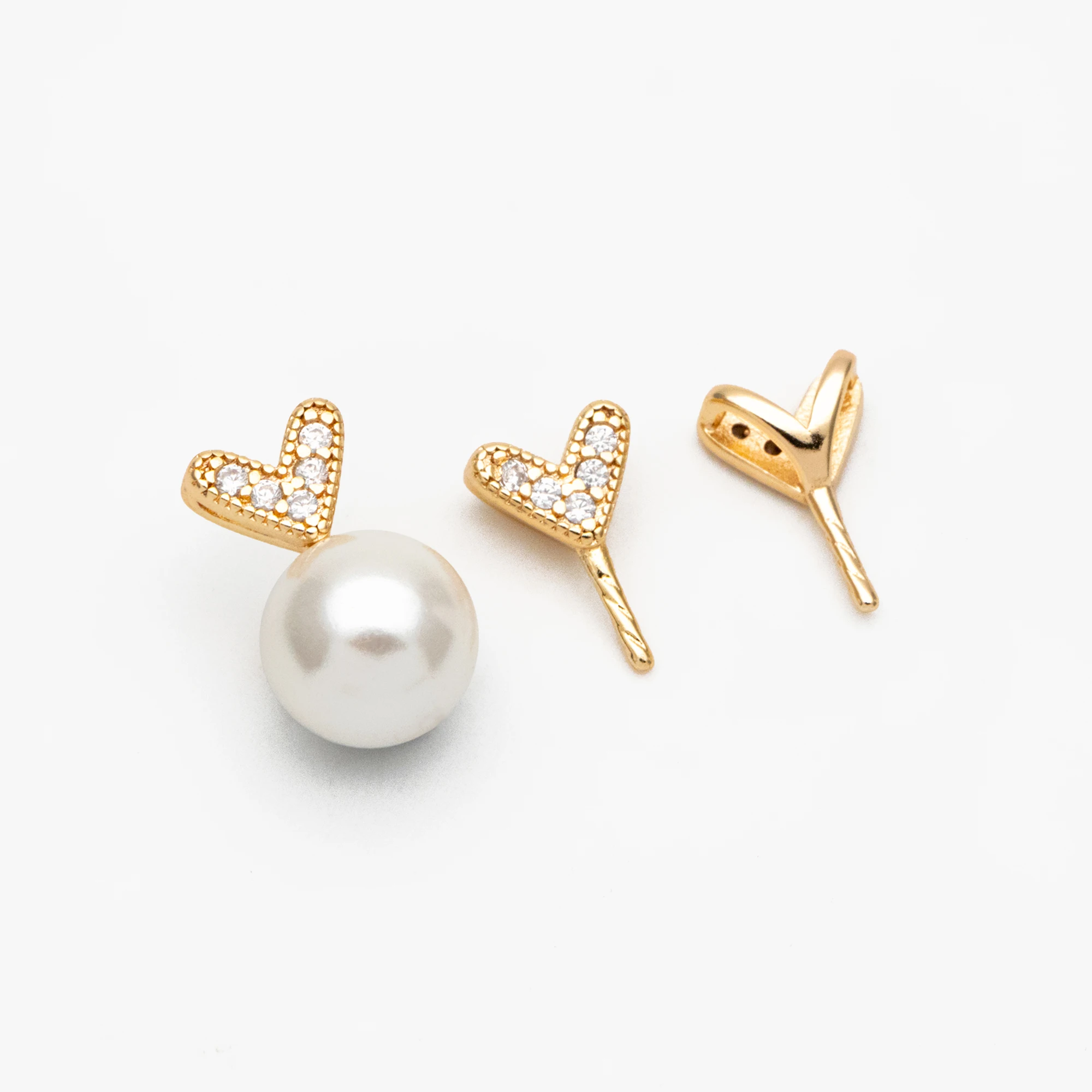 

10pcs CZ Pave Gold Heart Charms, Real Gold Plated Brass, Peg For Half Drilled Pearl Mounts, Peg Pearl Findings (GB-4280)