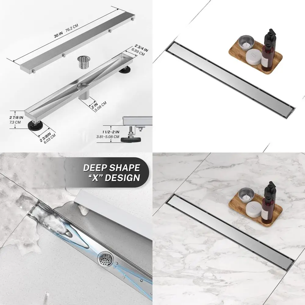 

30 Linear Shower Trench Drain with Dual Flat & Insert Covers, Stainless Steel, Hair Strainer, Leveling Feet, Brushed Nickel