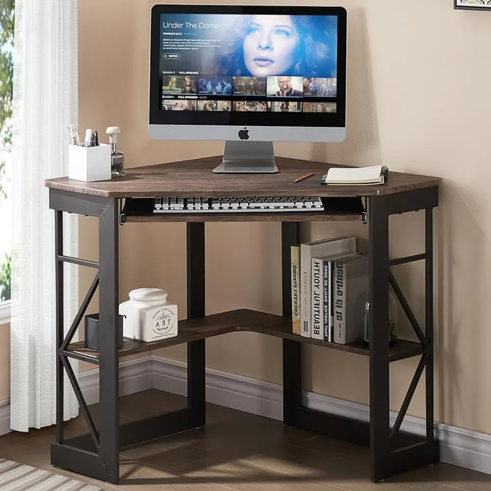 

Corner Computer Desk Writing Smooth Keyboard Tray & Storage Shelves,Compact Home Office Triangle Table, Rustic Natural Brown