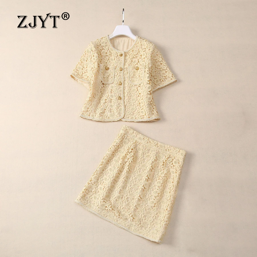 

ZJYT Summer Lace Blouse Skirt Sets for Women 2 Pieces Outfit Elegant New In Matching Dress Sets Conjuntos Feminino Elegant Suits