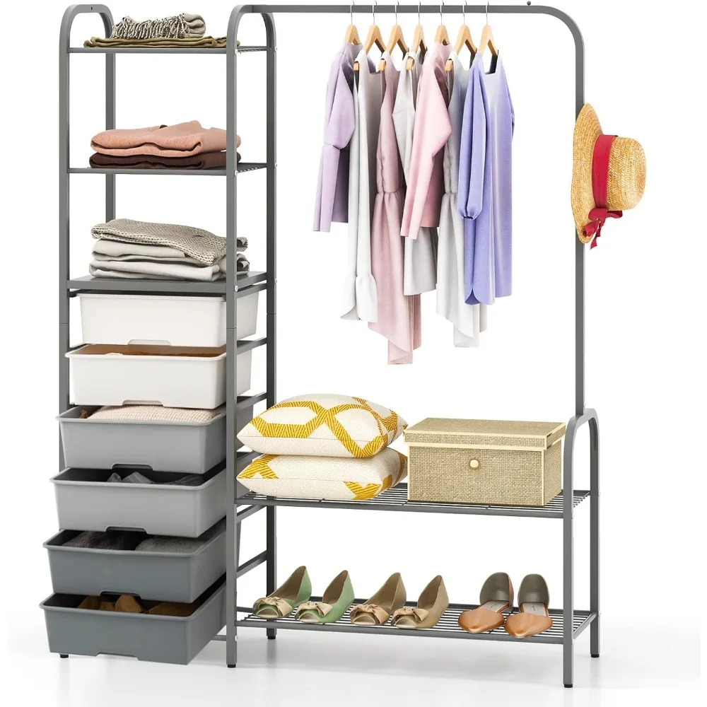 

Tangkula Heavy Duty Clothes Rack with 6 Removable Drawers, 3-Tier Open Shelves & 2-Tier Metal Shoe Rack, Side Hook