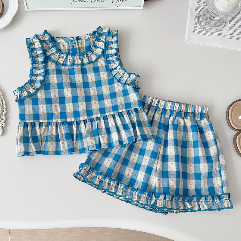 Children\'s Clothing Sets Blue Plaid Floral Print Sleeveless Top + Wide Leg Pants + Shorts 3 Pcs Sets Kids Clothes for Girls