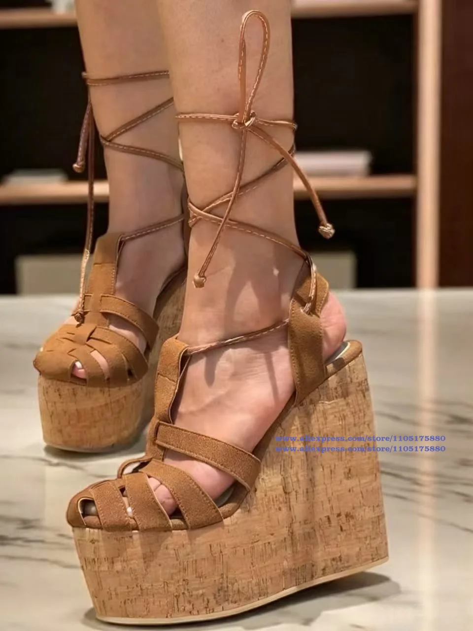 

Wooden Wedge Heel Women's Sandals Caged Round Toe Pumps Luxury Designer Dress Party Shoes Handmade Sandalias De Mujer Verano