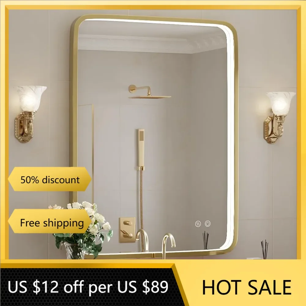 LED Bathroom Mirror with Lights,Gold Framed Wall Mounted Lighted Vanity Mirrors,Anti Fog Design&Dimmable&Touch Switch