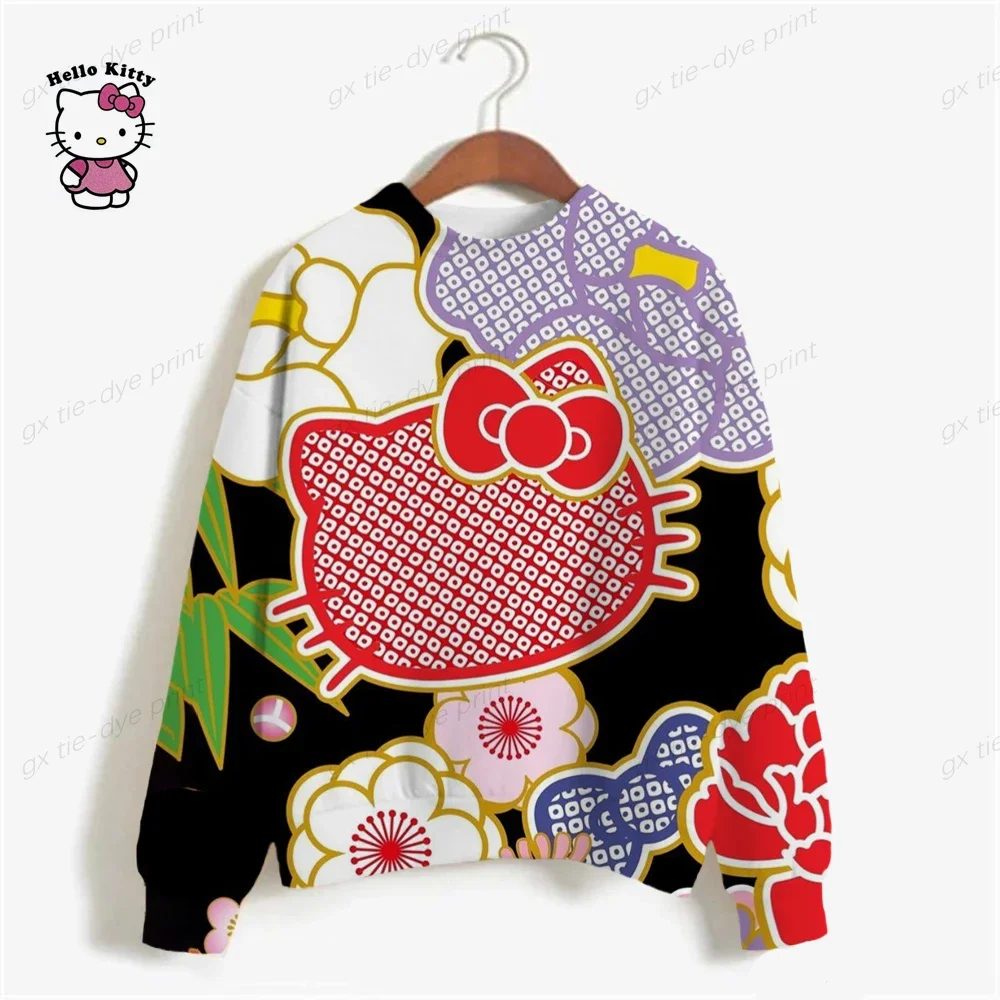 Casual HELLO KITTY Print Sweatshirt Women Fashion Cartoon Long Sleeve Loose Hoodies Y2k Streetwear 2024 Autumn Lady Pullovers