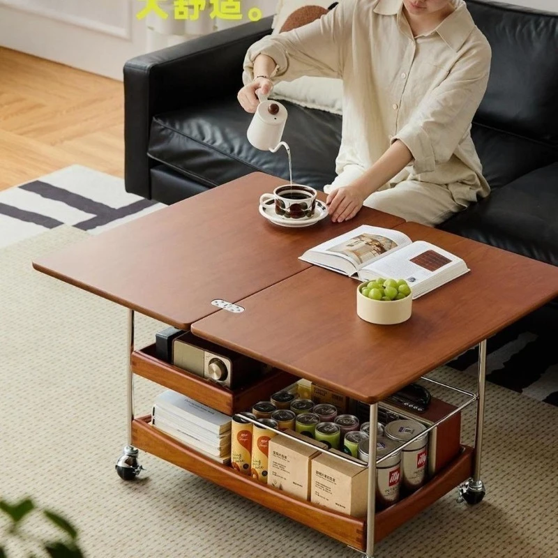 Solid wood folding coffee table household medieval living room trolley coffee table side table small apartment mobile