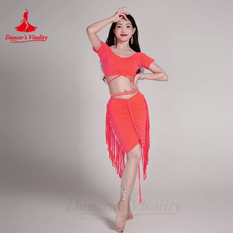 Belly Dancing Costume Set V-neck Short Sleeved Top+sexy Tassel Skirt 2pcs Girls' Oriental Dance Professional Training Clothes