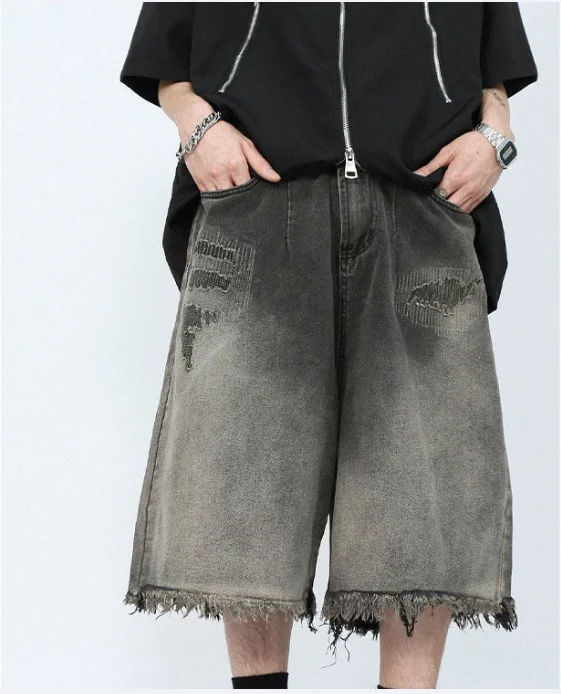 

Высококачественные черные джинсовые шорты в стиле панк, мужские летние уличные джинсовые шорты в стиле хип-хоп с рваными дырками и необработанными краями Y2k в стиле ретро