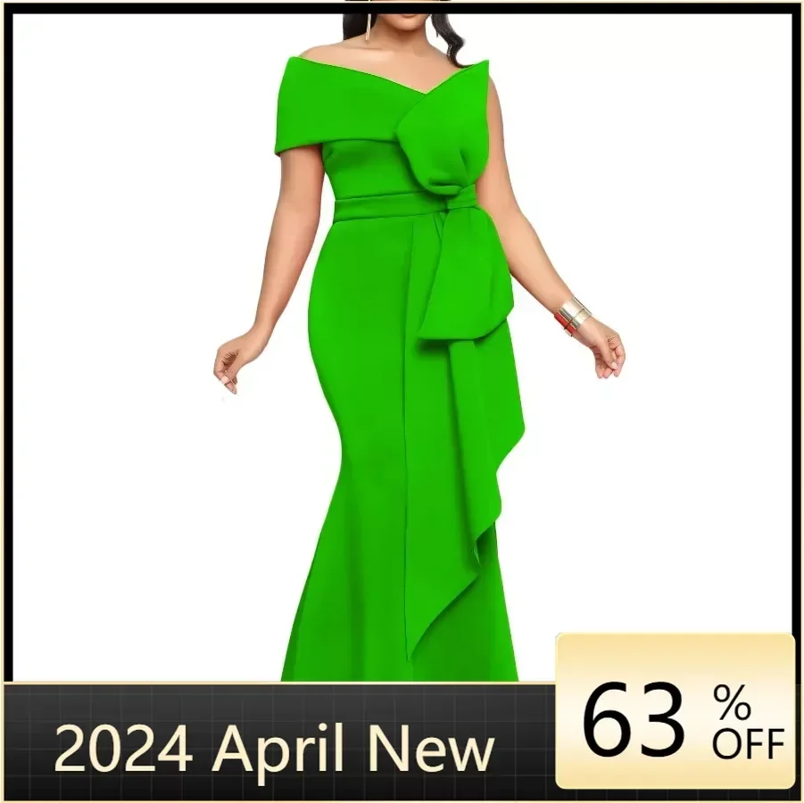 

2024 African Maxi Dresses for Women Summer Fashion Short Sleeve Red White Green Polyester Party Evening Bodycon Dress Gowns
