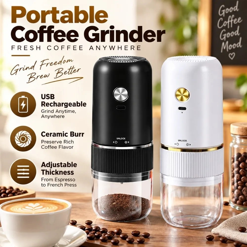 USB Rechargeable Portable Coffee Grinder Ceramic Burr Adjustable Thickness Mini Coffee Grinder Induction Self Stop