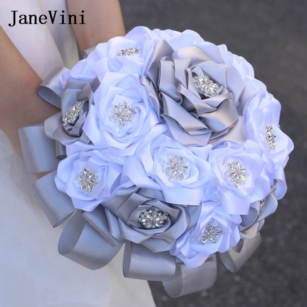 

JaneVini Brautstrauss Hochzeit Silver White Bridal Bouquet Crystals Accessories Artificial Flowers Bride Wedding Bouquets 2026