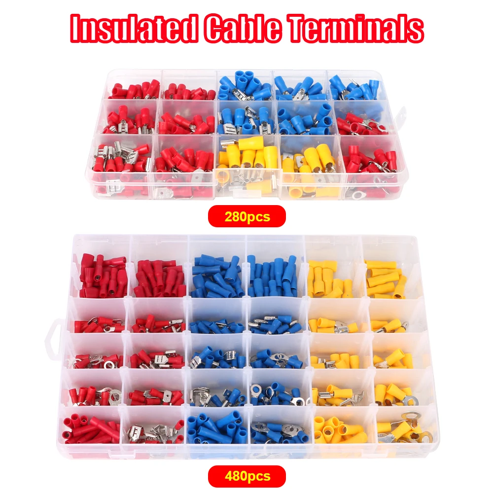 Insulated Cable Connector Electrical Wire Crimp 280/480PCS Spade Butt Ring Lugs Fork Set Rolled Terminals Assorted Kit