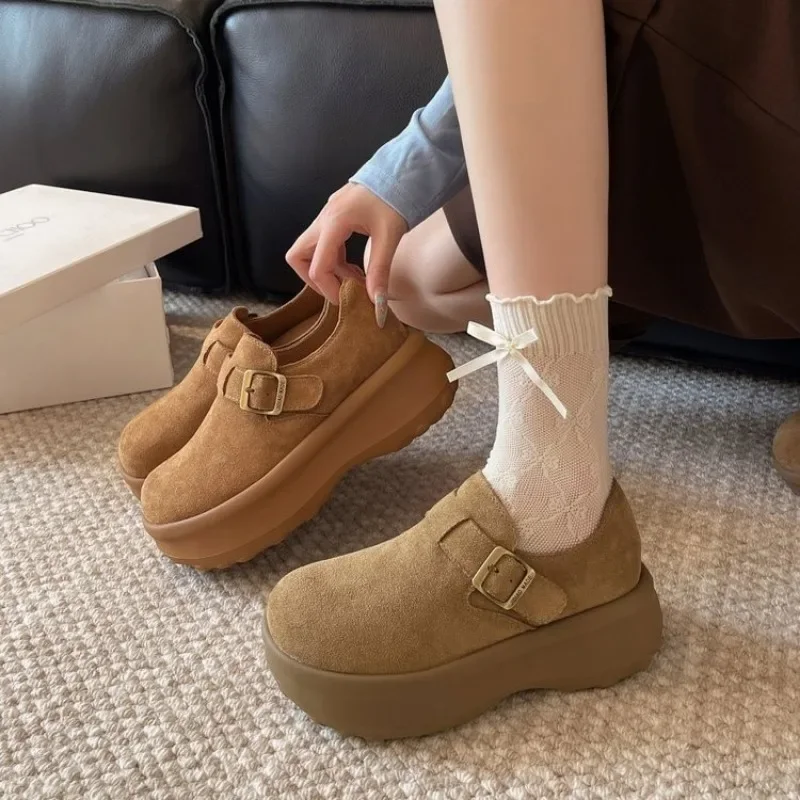 Zapatos individuales con suela gruesa y aumento de altura para mujer, punta redonda, cómodos zapatos bajos con Velcro para uso diario, mocasines simples a la moda