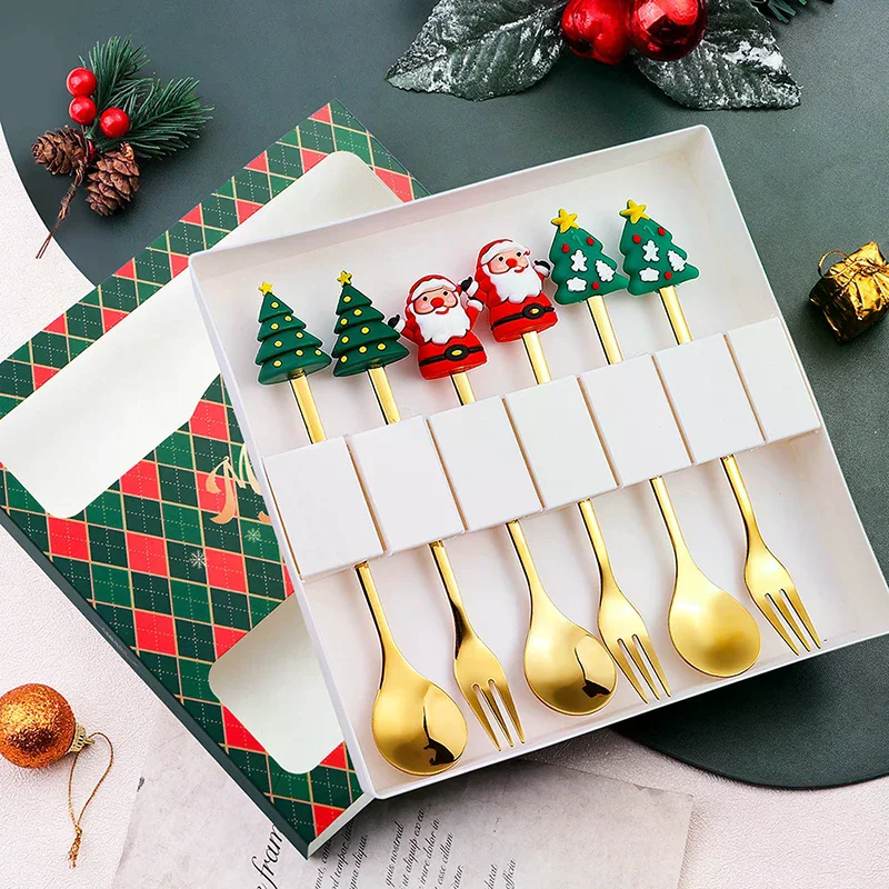 Stainless Steel Christmas Dessert Spoons Cake Forks with Cartoon Christmas Tree Elk Design - Set of 1/2/4/6 - Gift Box Included