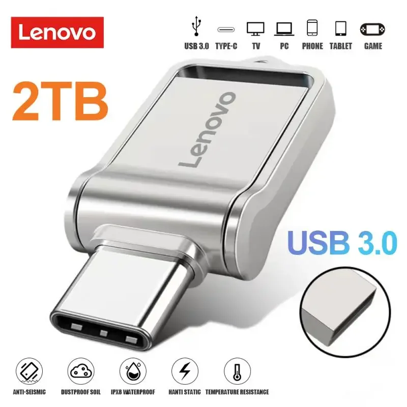 Lenovo แฟลชไดรฟ์ USB TYPE-C ขนาด OTG 2-in-1, USB3.0ความเร็วสูง pendrive 128GB USB C Stick Flash Memory Card 512GB สำหรับแล็ปท็อป/พีซี