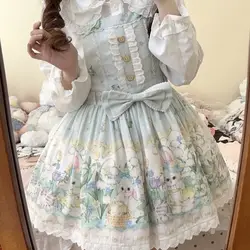 Fresh Sweet Lolita Jsk Dress Cute Striped Bow Lace Cartoon Print Suspenders Dress Japanese Summer Kawaii Party Dresses