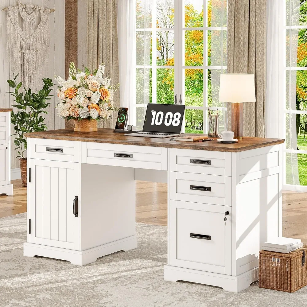 

55'' Farmhouse Desk Home Office with Drawers, Executive Computer Desk Wooden with File Cabinet and Charging Station, White