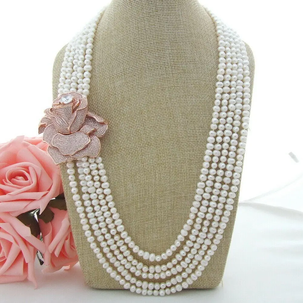 

Charming 5 strand freshwater aquaculture 6-7mm white pearl necklace micro inlay zircon buckle flower accessories necklace