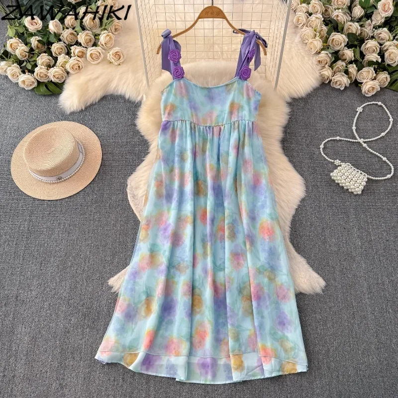 

Vintage Camisole Dresses for Holiday Three-dimensional Flower Print Femme Robe Bandage Patchwork Vestidos Casual Women's Dress