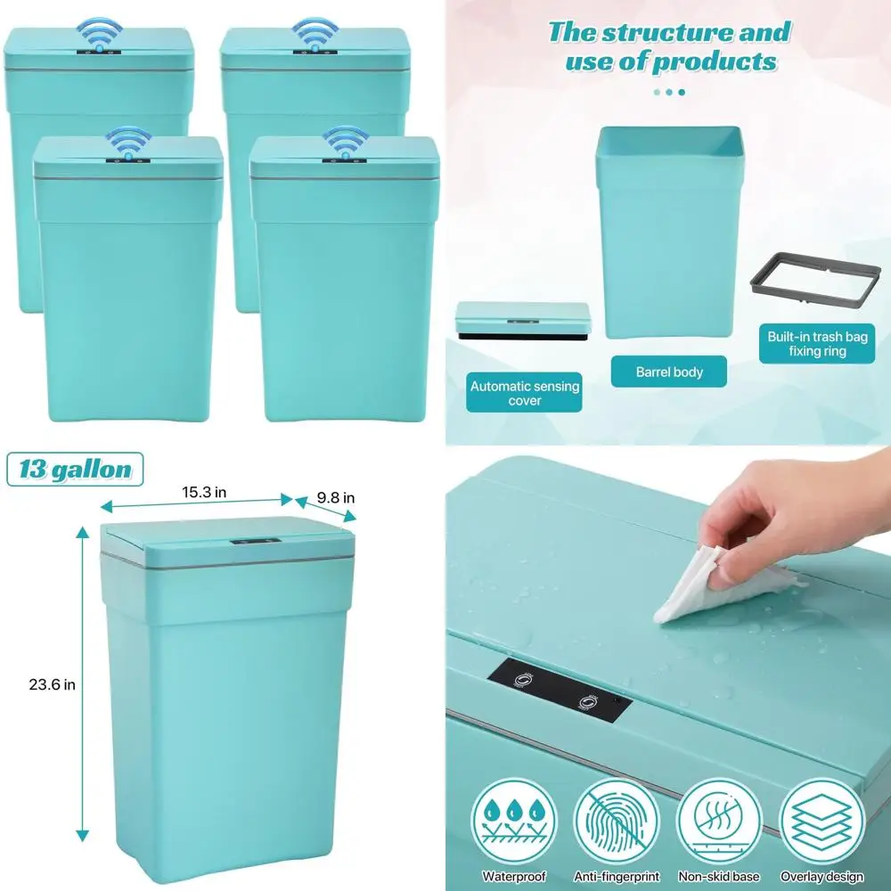 

4-Piece Set of 13 Gallon Touchless Plastic Trash Cans, 50 Liters, Blue for Kitchen, Bathroom, and Home Office
