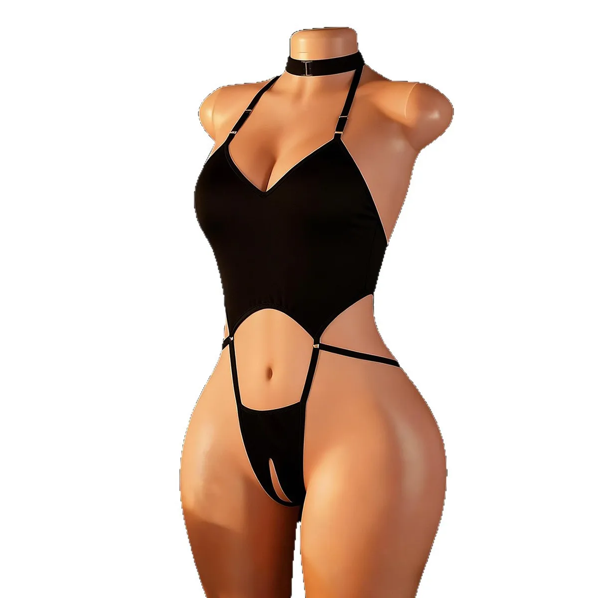One Pieces Bodysuit  Crotchless Lingerie Women Hollow Bra Set Sexy Deep V Halter Neck Baby Doll Dress  Underwear Sets