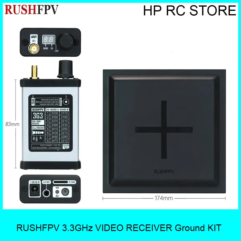 RUSHFPV 3.3GHz VIDEO RECEIVER Ground KIT 3.3GHz VRX Module with 15.8 dBi Directional Antenna for RC FPV Long Range Drone