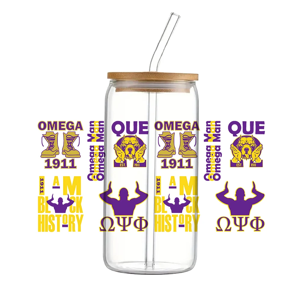 Omega psi phi fraternity UV DTF dovést nálepka vodotěsný převody obtisky pro 16oz sklo pohár balit nálepky