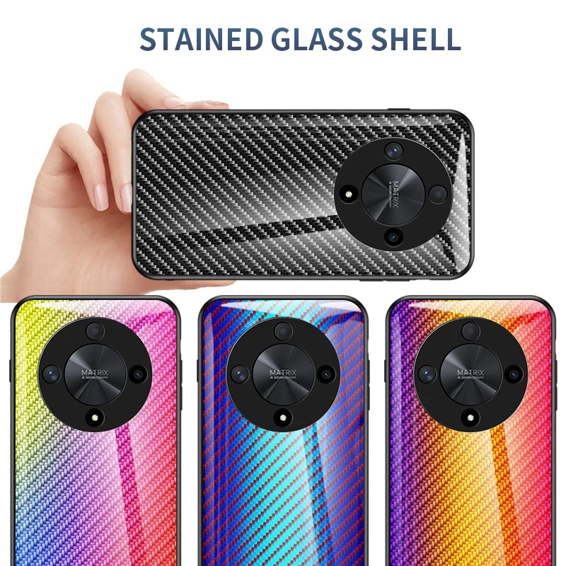 Honor X9B 5G ALI-NX1 Case Carbon Fiber Grain Tempered Glass Colored Back Cover Hard Phone Case for Honor X9B HonorX9B ALI NX1