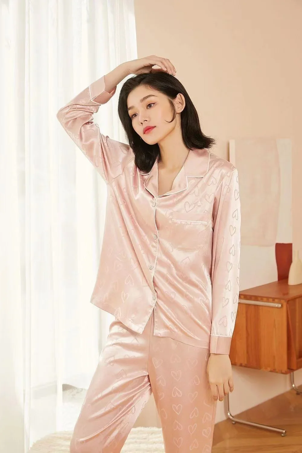 Women's Pajamas Lounge Set Heart Print Casual Sleepwear Button Lapel Neck Loong Sleeve Top & Pants Pyjama Home Clothing New view 6