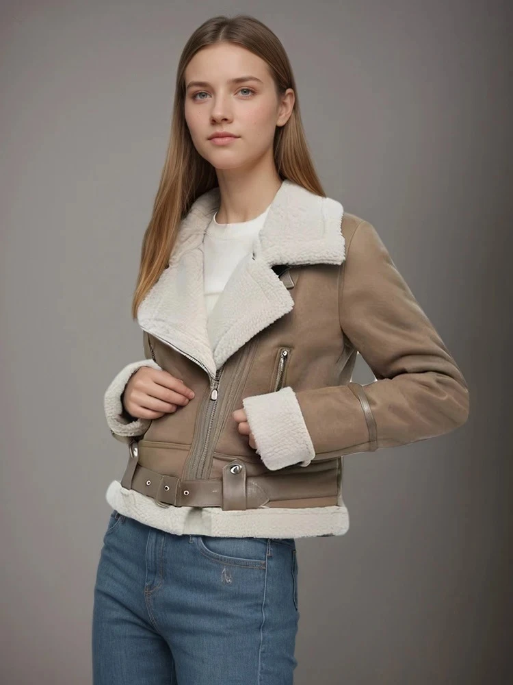 

Women's Lapel Loose Zipper Thick Fleece Short Jackets Winter New Fashion Suede Lamb's Wool Shearling Jacket