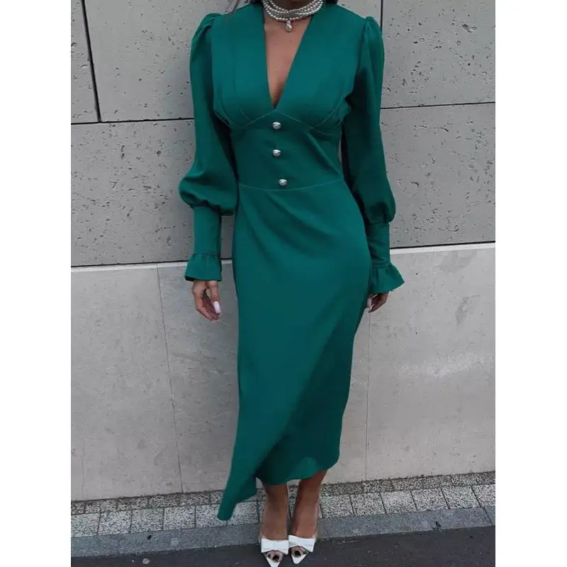 تنورة نسائية أنيقة بقصة A-line من الشيفون بياقة على شكل V وخصر متوسط وأكمام طويلة بتصميم عصري لفصلي الربيع والصيف #1