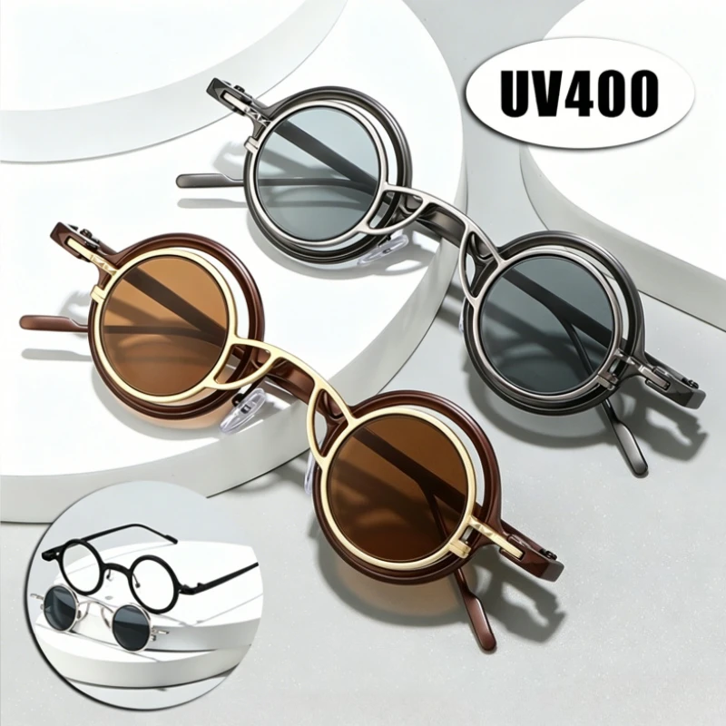 

2026 New New Round Sunglasses Steampunk-Style Fashion Sun Shades UV400 Small Eyewear Detachable Punk Popular Metal Eyeglasses