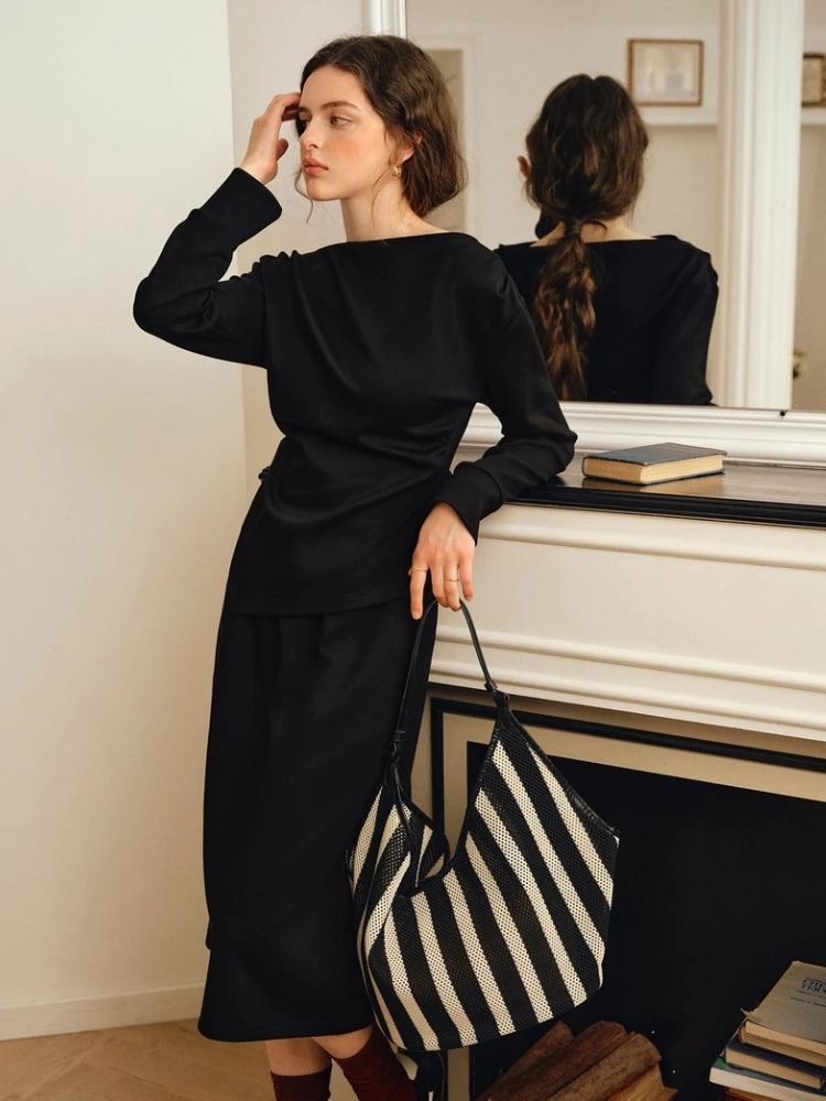 

OLrain Women's Women's Black Skirt Set Square Neck Elastic Waist Knit Two-Piece Set 2025 Autumn New Matching Sets O57QE001320