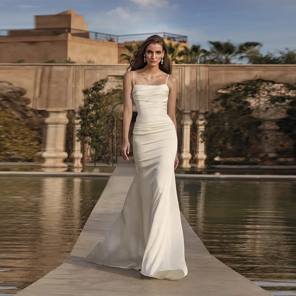 

Customized Sexy Simple Spaghetti Straps Please Satin Mermaid Wedding Dreses Sweep Train Bridal Grown 2025 Vestido De Noival