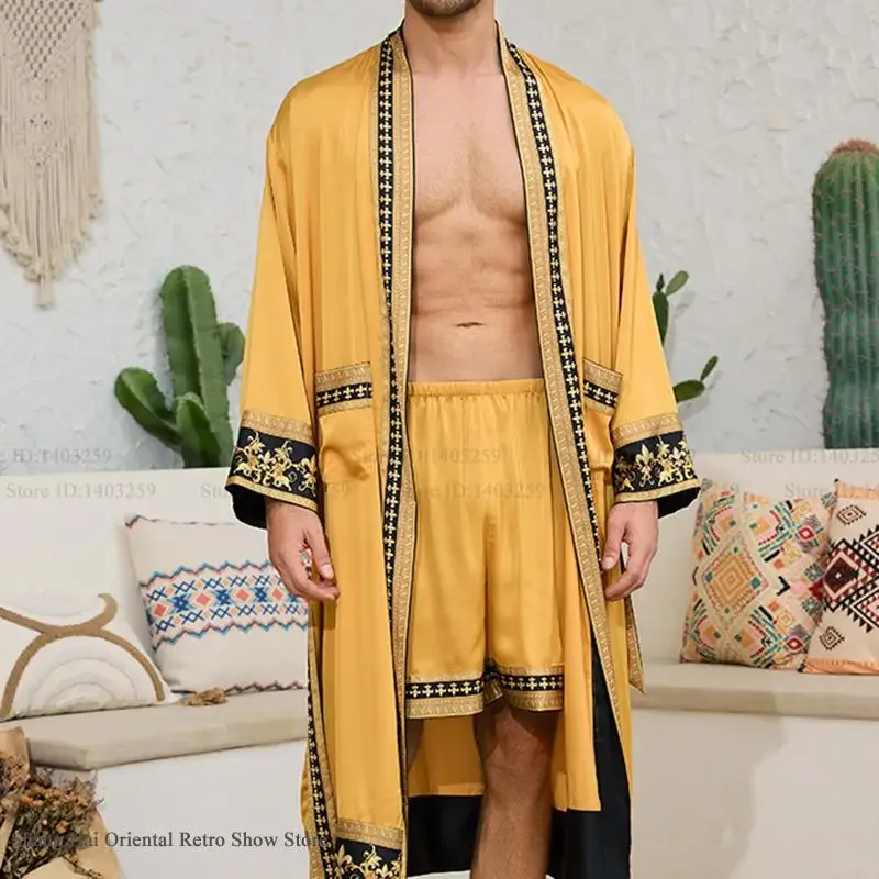 Spring New Men Robe Kimono Bathrobe Gown Baroque Style Silk Satin Sleepwear Home Clothes Loose Casual Loungewear Nightwear