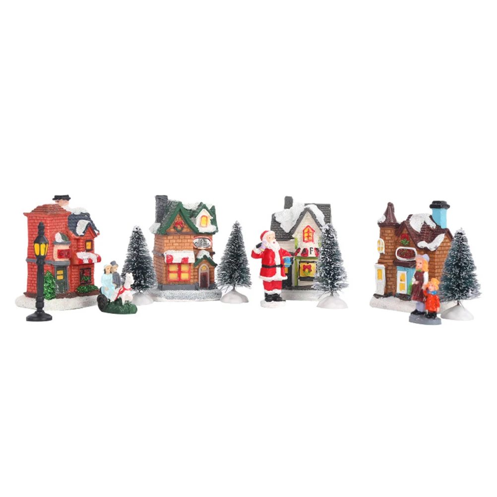 Resin Christmas Scene Village Set LED Lighted Miniature Houses Town Xmas Party Home Desktop Decoration Gift