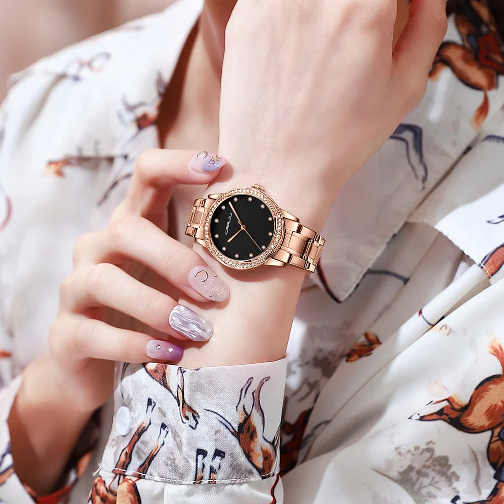 Reloj de mujer CRRJU, diseño moderno y sencillo, con movimiento de cuarzo, resistente al agua y adornado con pedrería, ideal para vestir y llevar en la muñeca. Reloj femenino.