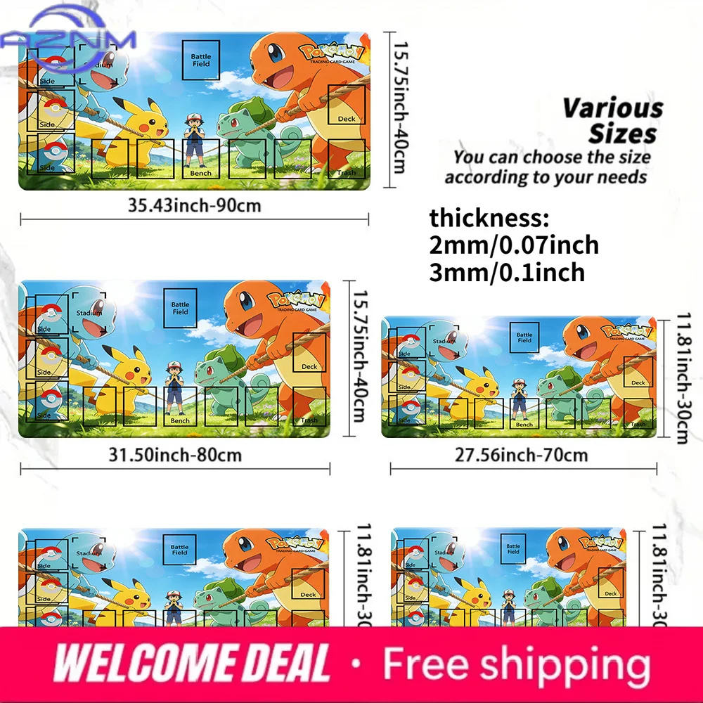 Pokemon Starter Pokemon Tug of War TCG Playmat, Anime Trading Card Game Mat with Zones, 2mm/3mm Non-Slip Mouse Pad for CCG MTG